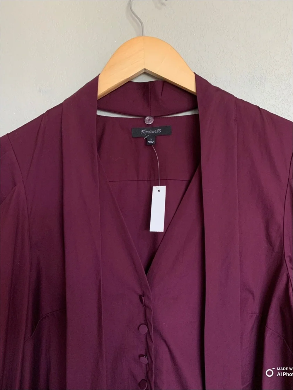 Madewell Large V-Neck Button Front Top With Neck Tie in Dark Pomegranate NWT